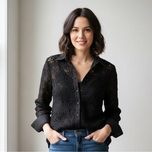 Zara Sz L Black Lace 3 D Semi Sheer Button Front Elegant Blouse